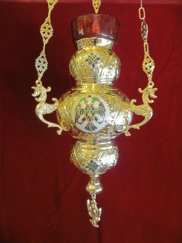 VIGIL LAMP CORFU TYPE GOLDENPLATED WITH DOUBLE HEAD EAGLE GREEN